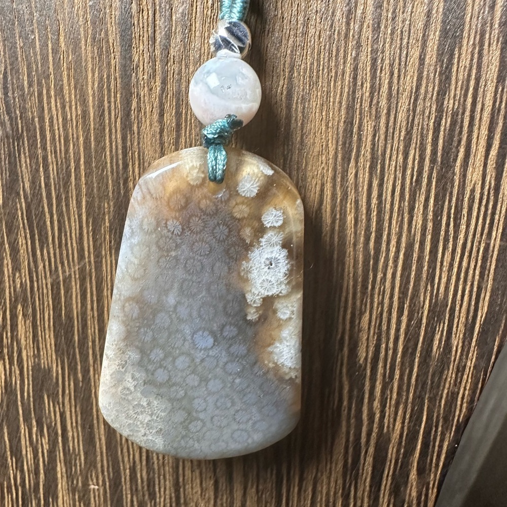 Coral Fossil Flower Agate Landscape Carving Pendant Necklace on Green Lotus Rope - Picture 8 of 10
